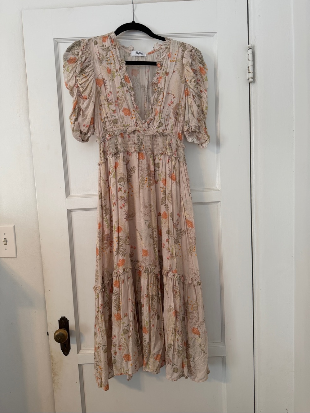 Lilya Cream Floral Midi Dress with Orange Blooms